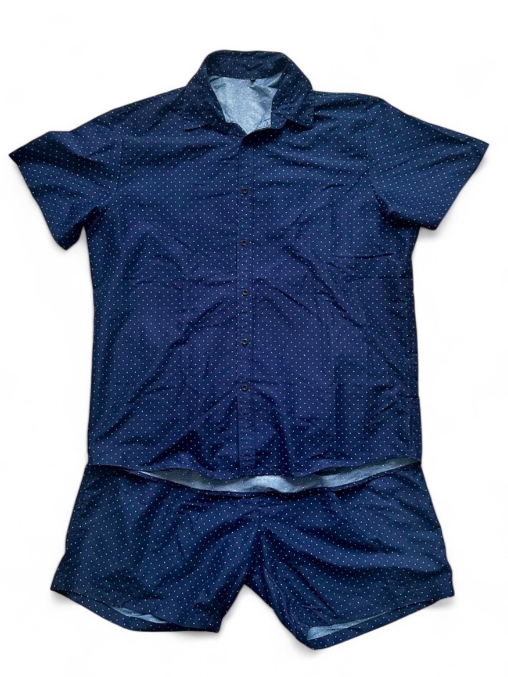 Men's Navy Blue Short Sleeve Shirt Set Polka Dot Casual Button-Up